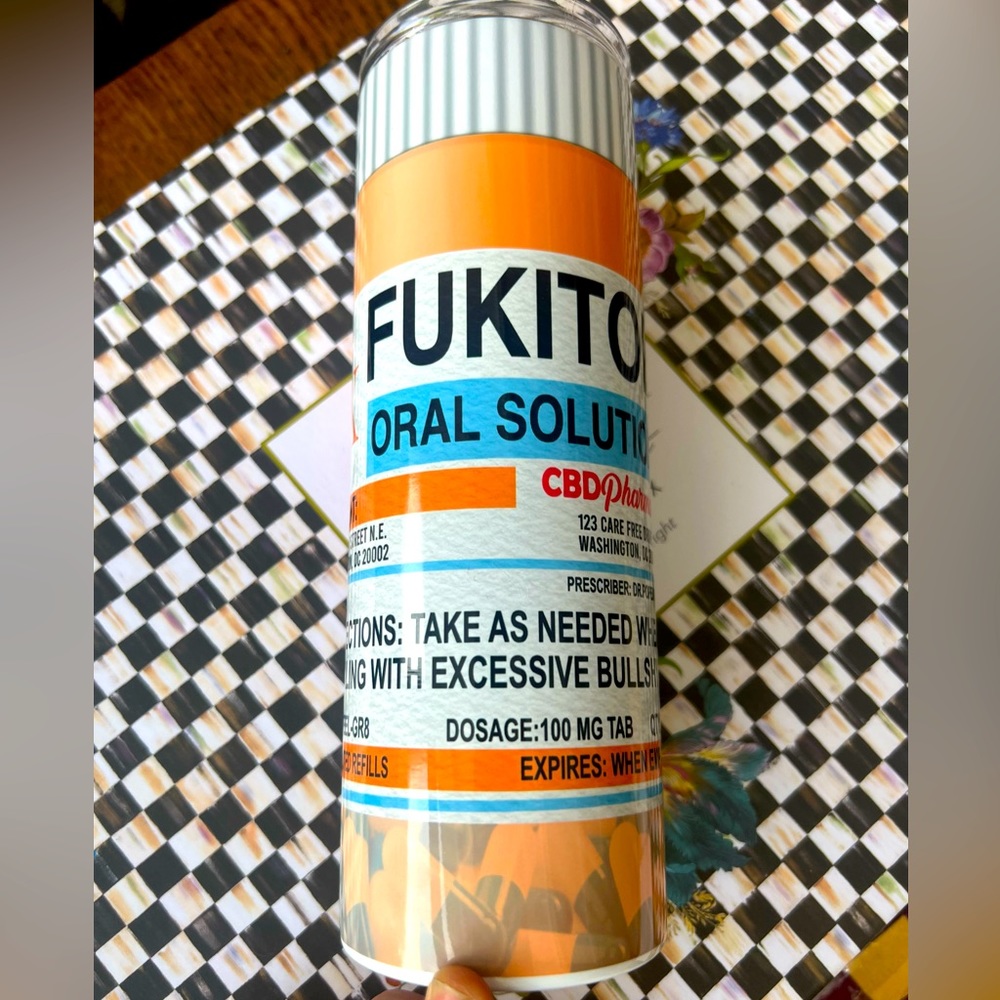 Fukitol 🧡 💊20oz. NWT 20 Oz. Stainless Steel Tumbler 🧡❤️💊 Faux Prescription💛